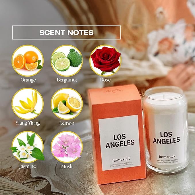 Homesick Scented Candles for Home (Los Angeles) - 13.75 oz Long-Lasting Soy Wax Jar Candle for Women & Men for All Occasions, 60-80 Hours Burn Time - Notes of Orange, Bergamot & Rose - Bloomnest