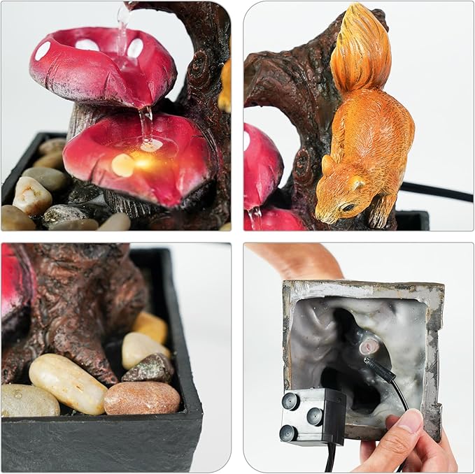 Ferrisland Tabletop Water Fountain Indoor - 3 Tiered Waterfall Fountain Indoor Desktop Water Feature with Light Squirrels Animal Sculpture Relaxation Fountains for Office Home Decor, Gift Idea - Bloomnest