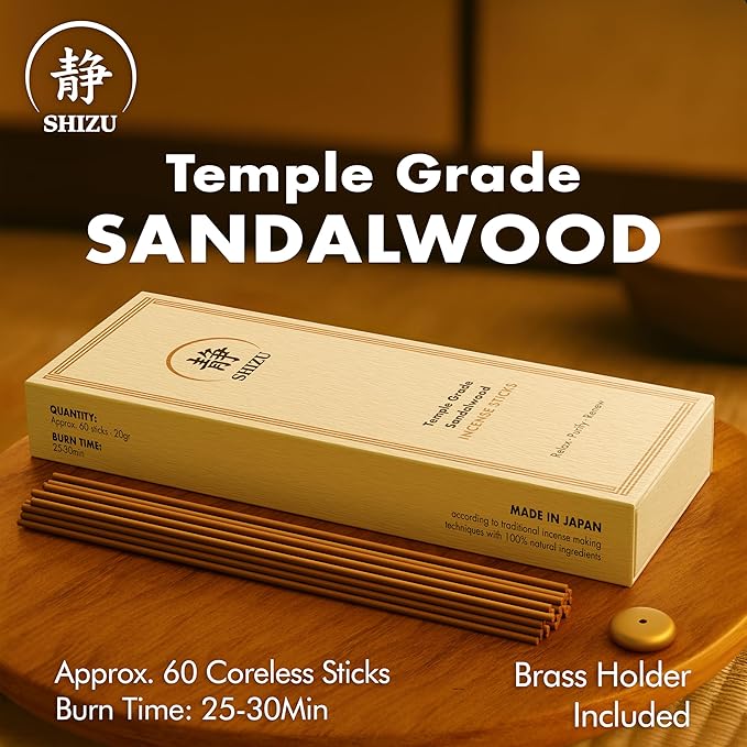 Shizu Sandalwood Incense Sticks – Temple Grade Japanese Incense with Brass Holder – Calming Scent for Relaxation, Meditation & Home Spa, Elegant Gift Set (60 Sticks) - Bloomnest