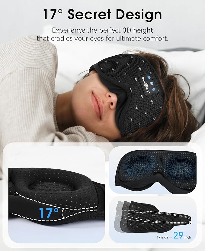 MUSICOZY Sleep Headphones Breathable Sleep Mask Bluetooth 5.4 Wireless Earphones Mask Sleeping Eyemask for Side Sleepers for Women Men Travel Meditation Gift (Mesh Black) - Bloomnest