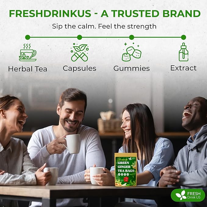 FreshDrinkUS, Premium Green Ginger Tea | 135 Tea Bags | Sencha Green Tea with Ginger, Lemongrass, Turmeric, Hibiscus & Peppermint | Natural Herbal Blend | Comfort & Refreshing, Vegan - Bloomnest