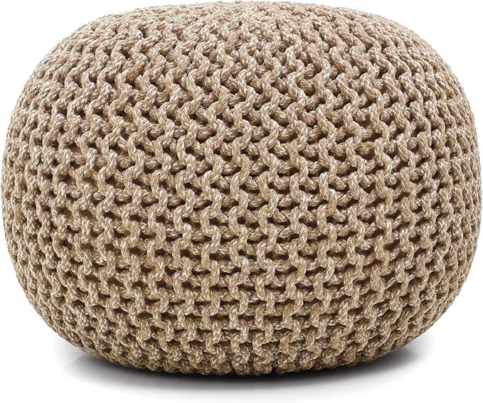 REDEARTH Round Pouf Ottoman - Hand Knitted Cable Boho Poof Home Décor Pouffe Circular Footrest for Living Room - Nursery - Bedroom - Lounge 100% Cotton (19.5"x19.5"x14") - Beige Ivory - Bloomnest