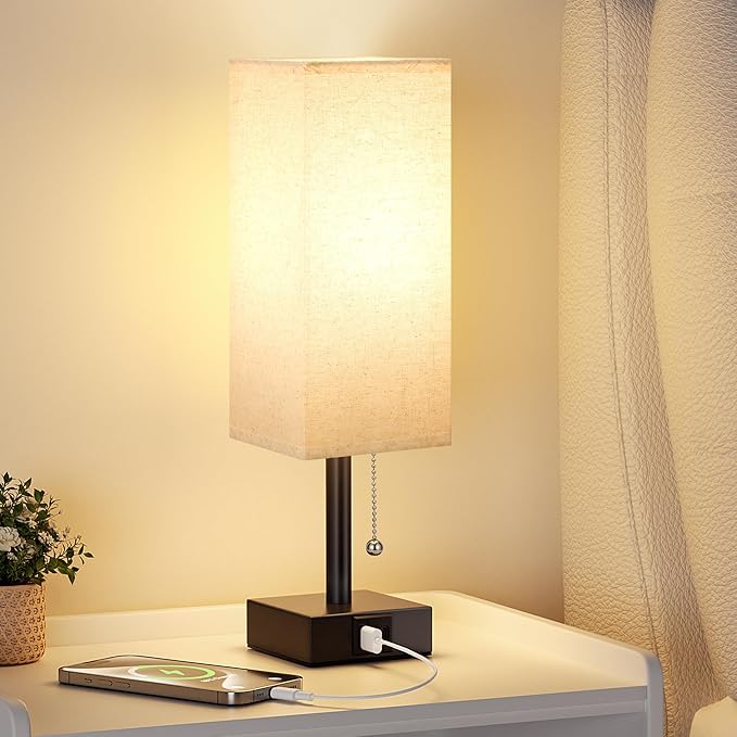 Small Linen Bedroom Lamp - 3 Color Temperature 3000K 5000K 4000K Bedside Lamp, Pull Chain Control, USB A and C Charging Ports, Black Base, for Kids Office Dorm, Bulb Included - Bloomnest