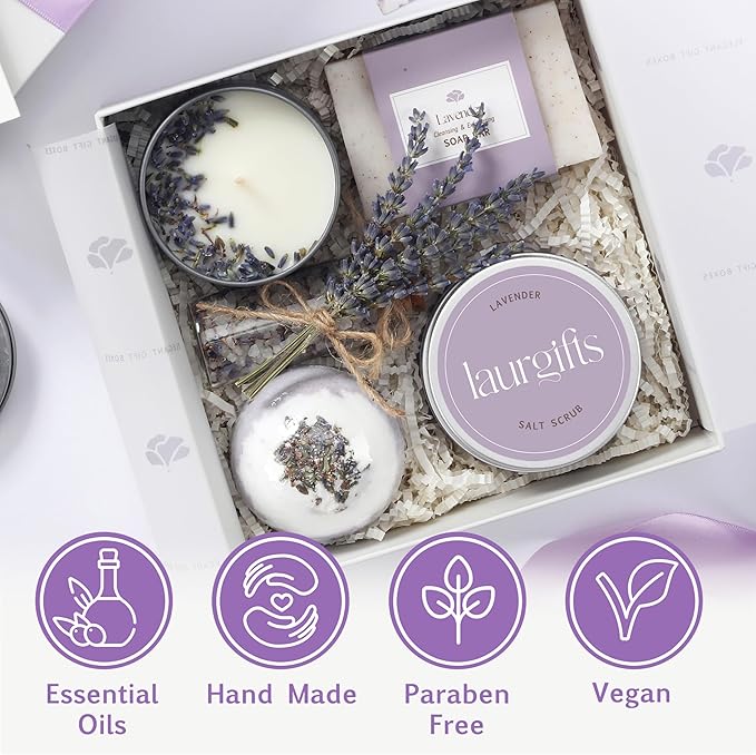 Lavender Spa Gift Box for Women – Small Candle Set with Bath Gifts, Relaxing Self Care Spa Set, Birthday Basket for Women, Mom & New Mom - Bloomnest
