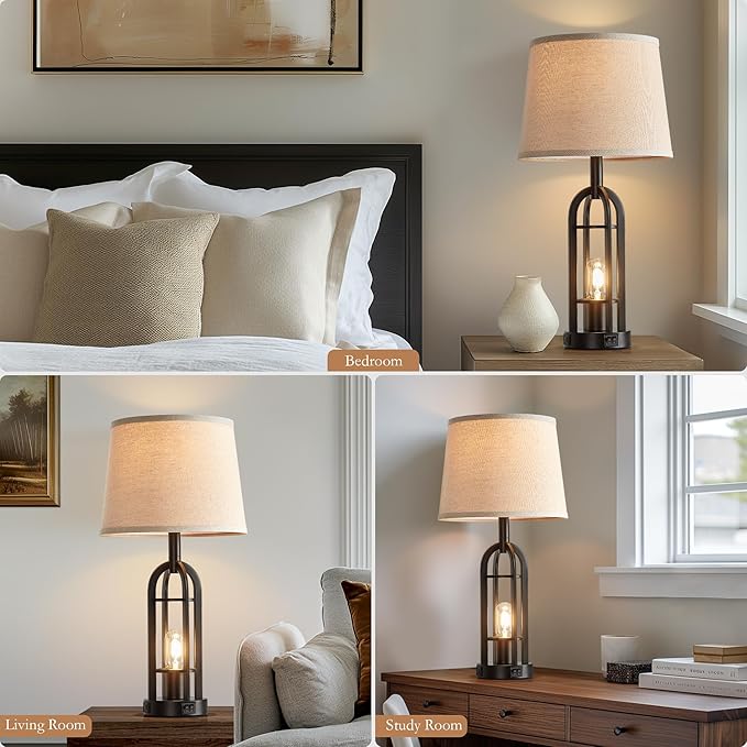 Black Table Lamps for Living Room Set of 2 - Farmhouse Lamps for Night Stands with USB A+C, Bedside Lamps for Bedroom, 24'' Industrial Lamp for Living Room End Tables - Bloomnest