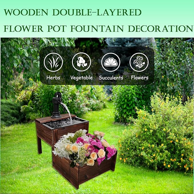 Outdoor Water Fountain，Floor Wooden Rectangular Double-Layer Old-Fashioned Pump Fountain with Flower Box，Plug-in Electric Decorative Hand Pump,Outdoor Water Feature for Garden Patio Backyard - Bloomnest