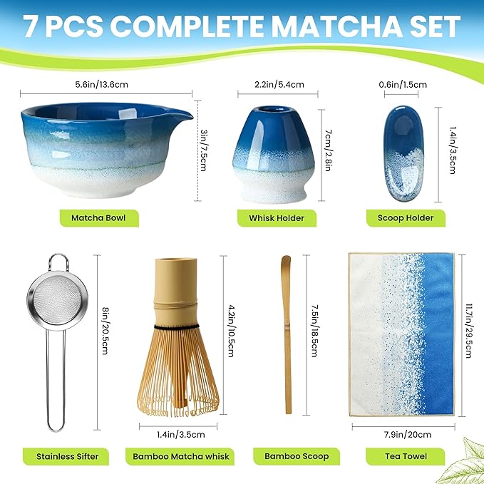 Matcha Whisk Set, Ceramic Matcha Set, Matcha Bowl, Matcha Whisk and Holder, Bamboo Scoop, Scoop Rest, Sifter and Tea Towel - 7 Pcs Matcha Kit for Lovers Family Birthday Gift (Blue) - Bloomnest
