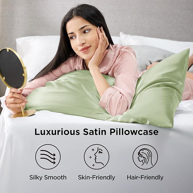 Bedsure Satin Pillowcases, Similar to Silk Pillow Cases Queen Size Set of 2, Pillow Case for Sleeping Women with Envelope Closure, Gifts for Women Men, Sage Green, 20x30 Inches, 2pcs - Bloomnest