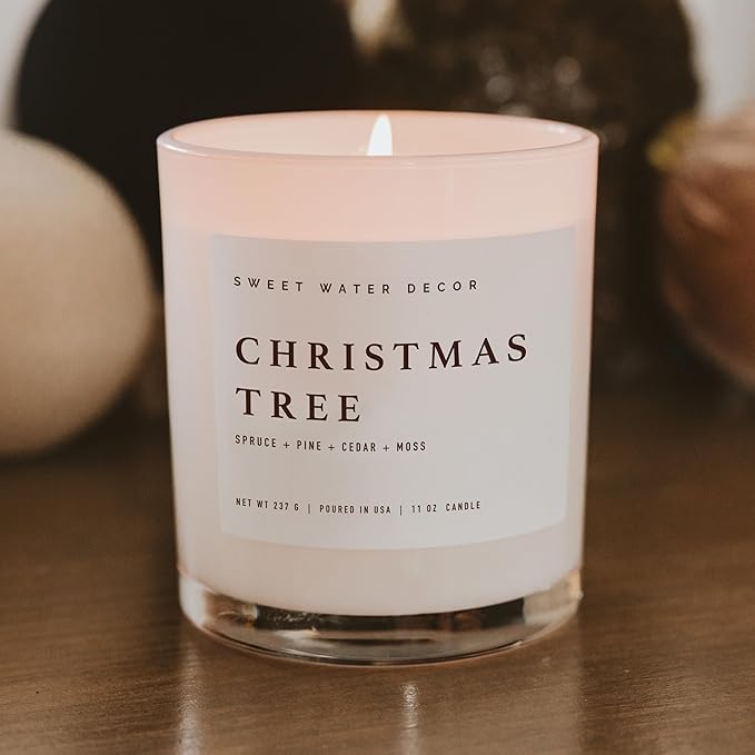 Sweet Water Decor Christmas Tree Soy Candle - Pine Needles, Cedarwood, Cypress, and Evergreen Holiday Scented Candles for Home - 11oz White Jar + Wood Lid, 50+ Hour Burn Time, Made in The USA - Bloomnest