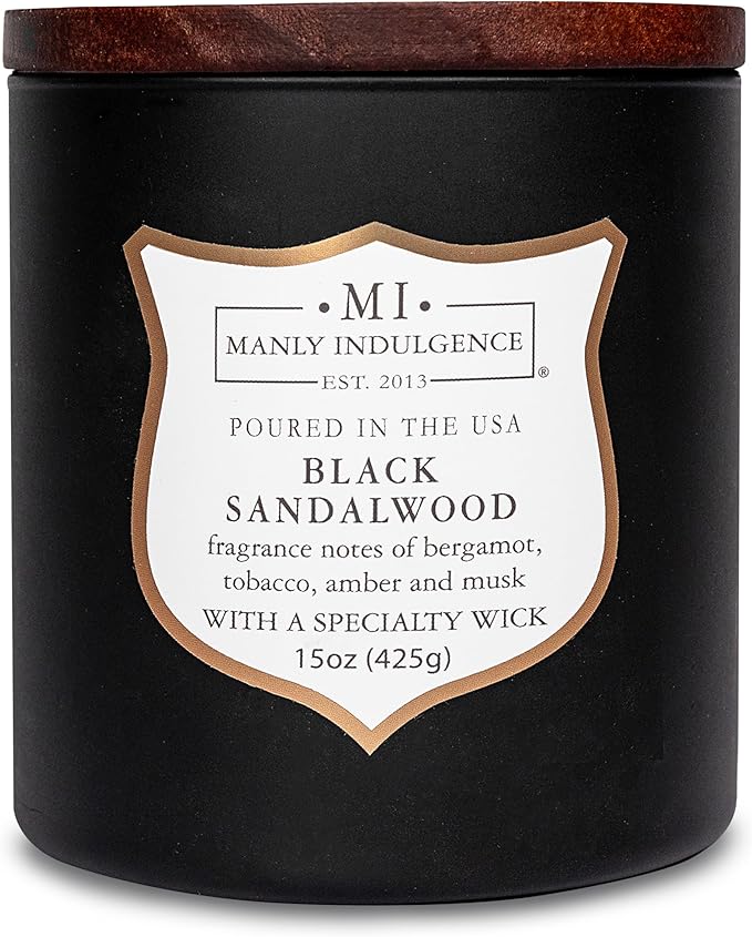 Manly Indulgence Black Sandalwood Scented Candle for Men 15 oz – Bergamot, Tobacco, Amber & Musk - Wood Wick - Up to 60 Hours Burn - Soy Blend Wax, USA Poured – Signature Collection - Bloomnest