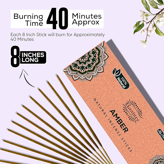 Raajsee Amber Incense Sticks 100 Gm Pack-100% Pure Organic - Natural Hand Rolled Free from Chemicals-Insence for Church,Relaxation, Meditation & Sensual Therapy RAAJSEE