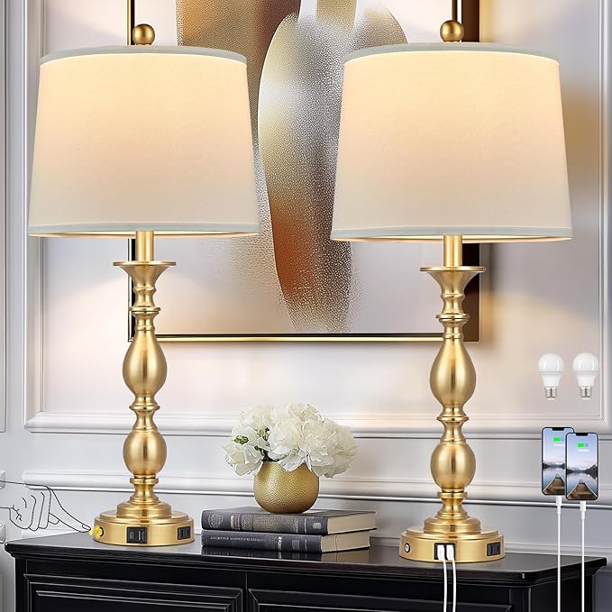 28" Tall Modern Table Lamps Set of 2 with USB A+C Ports and AC Outlet, 3 Way Touch Metal Bedside Lamps for Bedroom, Gold Farmhouse Nightstand Lamps for Living Room - Bloomnest