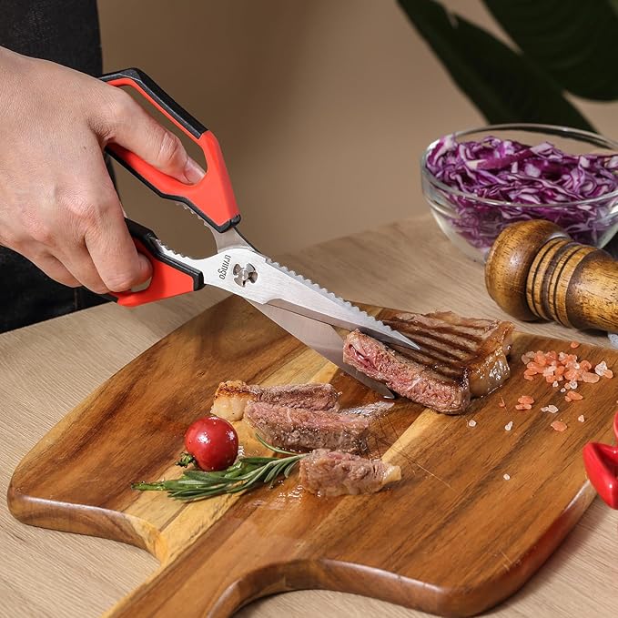 LIVINGO Kitchen Scissors Set All Purpose - Heavy Duty Stainless Steel Come Apart Food Shears for Cutting Meat, Vegetables, Dishwasher safe, 2 Pack, Red Black Multi-Function Handles - Bloomnest