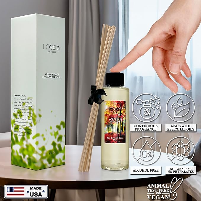 LOVSPA Cashmere Woods Diffuser Oil - Fall Essential Oils for Diffuser Refill & Air Freshener Room Spray - Long-Lasting & Natural Home Fragrance, Scented Oil for Diffusers, USA Made, 4oz - Bloomnest