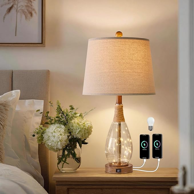 OYEARS 23" USB A+C Table Lamp for Bedroom Living Room Modern Bedside Lamps Retro Farmhouse Rattan Glass Nightstand Nightlight Lamps,Two Light Points - Bloomnest