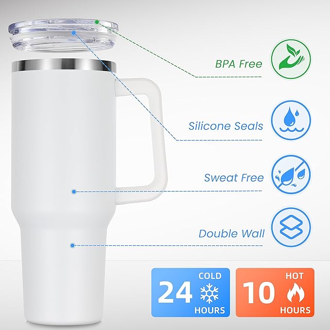 DOMICARE 40 oz Tumbler with Handle and Straw, Stainless Steel Tumbler with Lid and Straw, Reusable Vacuum Insulated Cup, Travel Coffee Mug, White, 1Pack - Bloomnest