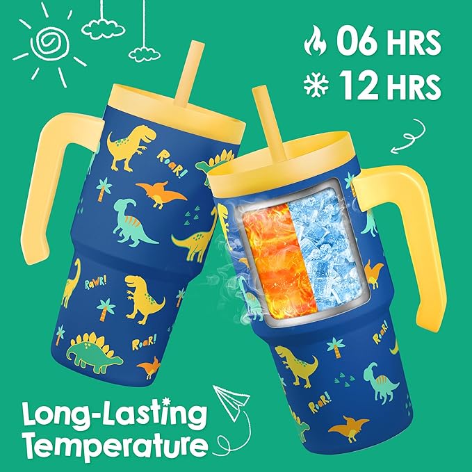 Dinosaur Tumbler 20oz with Handle and Silicone Straw Lid for Kid, Insulated Stainless Steel Cup, Gift for Kids Boys, Gifts Idea for Birthday Christmas Back to School - Bloomnest