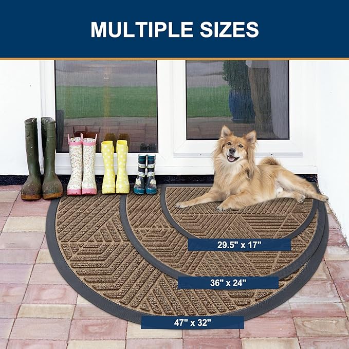 Smiry Half Circle Front Door Mat Outside Entrance, Heavy Duty Sturdy Natural Rubber Doormat, Trap Dirt and Moisture, Low Profile Mats for Indoor Outdoor Entry, Irregular Triangle (36x24, Brown) - Bloomnest