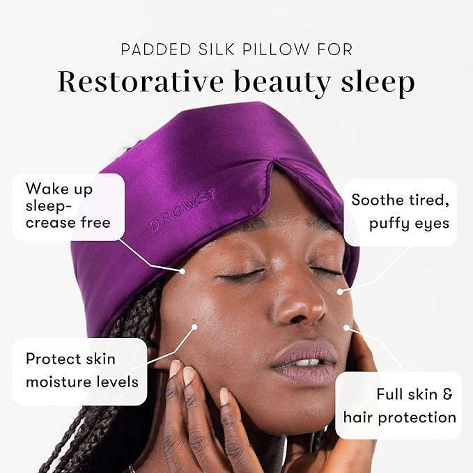 DROWSY Silk Sleep Mask - Face-Hugging, Padded Cocoon for Luxury Sleep in Total Darkness - 100% Pure Mulberry Silk (Purple Martini)