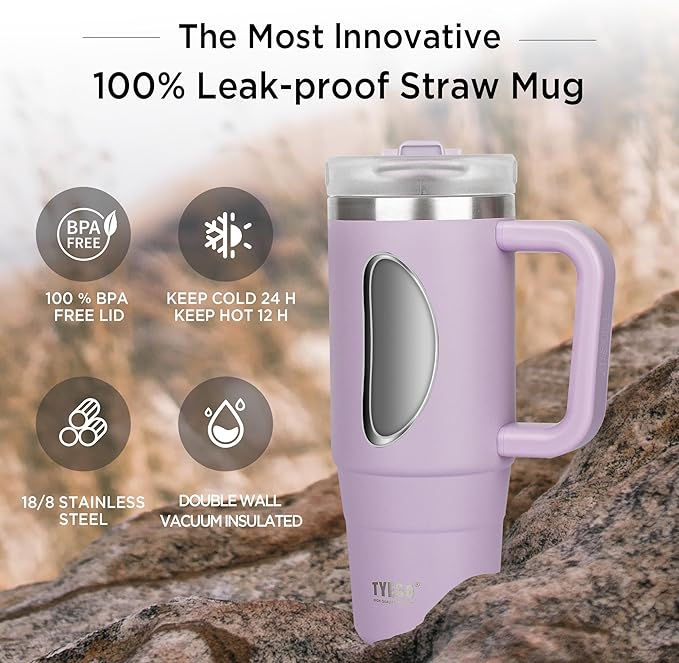 Tyeso 30 oz Tumbler with Handle, Straw and Lid - Leak Resistant Insulated Stainless Steel Water Bottle, Car Cup Holder Friendly Travel Coffee Mug Purple - Gifts for Men & Women - Bloomnest
