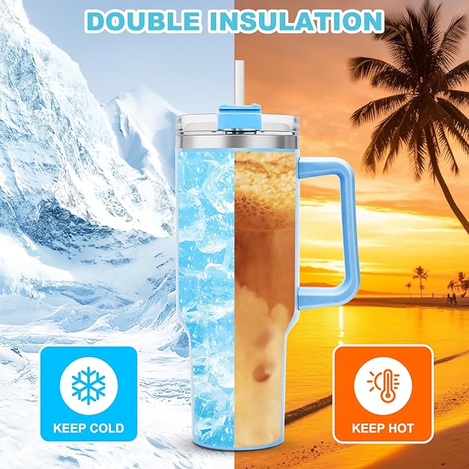 40 oz Tumbler with Handle and Flip Straw Lid, Vacuum Insulated Leak Proof Double Walled Stainless Steel Glitter Travel Mug Tumblers, Maintains Cold Ice and Heat for Hours(Blue) - Bloomnest