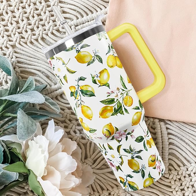 Ceovfoi 40 oz Lemon Print Stainless Steel Tumbler With Lid and Straw - Yellow Coffee Travel Mug Cup Water Bottle - Gifts for Lemon Lovers - Bloomnest