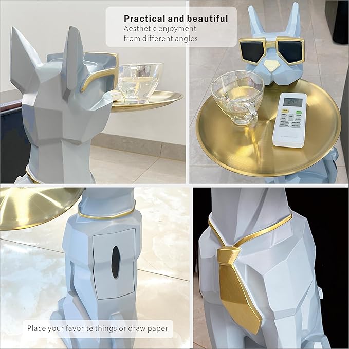 Beautiful and Elegant Decorative Pieces for Home, Dog Side Table with Tray and Storage，Dog 3D Sculpture Coffee Table Unique Home Decor(Gray) - Bloomnest