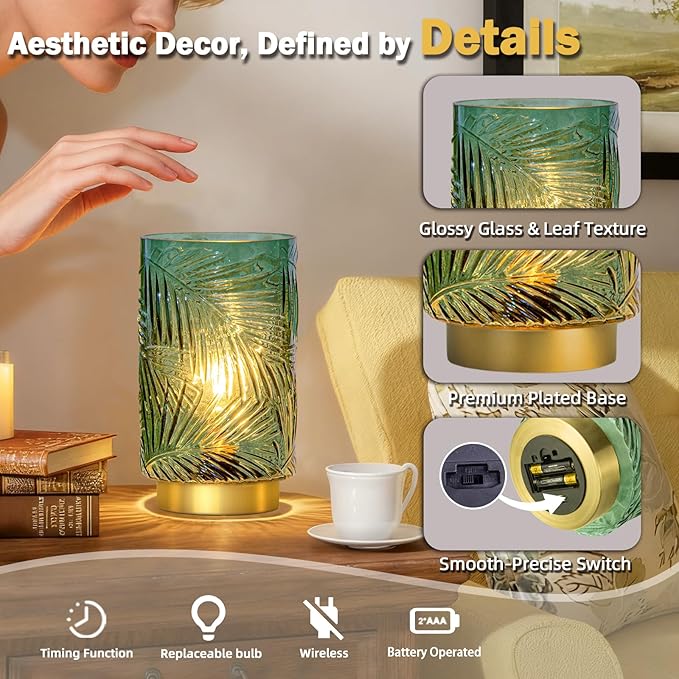 Battery Operated Table Lamp, Cordless Lamps for Home Décor, Nightlight with LED Bulb with Timer for Living Room Bedroom Tabletop Entryway Centerpiece Gift(S Green) - Bloomnest