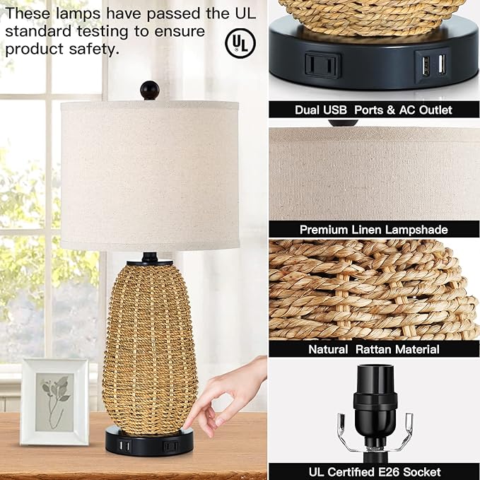 Touch Control Rattan Table Lamps, 3 Way Dimmable Bedside Lamps for Bedroom Set of 2 with 2 USB Ports and AC Outlet, Grass Rope Nightstand Lamps for Living Room Office (2 LED Bulbs Included) - Bloomnest