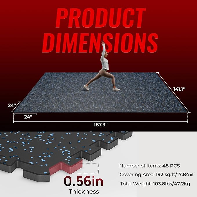 SUPERJARE 0.56'' Thick 48 Pcs 192 Sq Ft Rubber Top Exercise Equipment Mats, High Density EVA Foam Mats with Rubber Top, Interlocking Gym Flooring for Home Gym, Protective Workout Mat, Black/Blue - Bloomnest