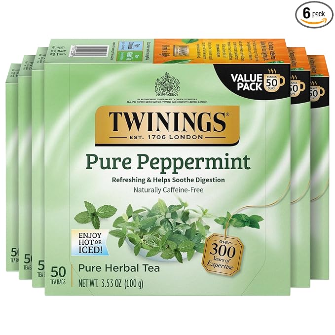 Twinings Pure Peppermint Herbal Tea Individually Wrapped Bags, 50 Count (Pack of 6), Fresh Minty Flavour, Naturally Caffeine-Free, Enjoy Hot or Iced, 300 Teabags - Bloomnest
