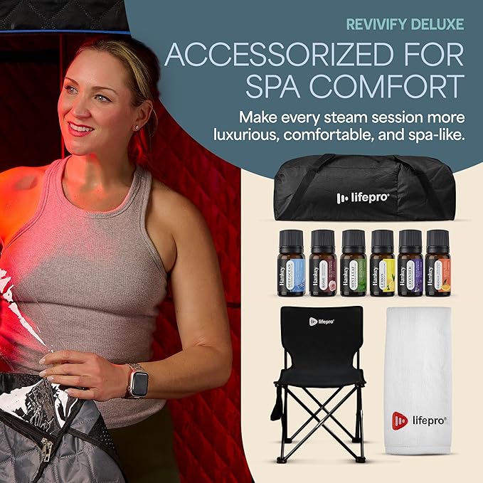 LifePro Revivify Deluxe Sauna with Red Light Therapy – Full Body Steam Room with 2.6L Steamer, Adjustable Heat Levels & Essential Oils – Easy-to-Use Portable Infrared Sauna for Home Lifepro