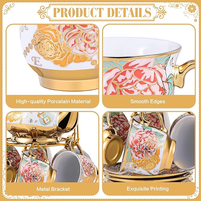 20 Pcs Porcelain Tea Set for Women, Vintage Teapot Set with Metal Holder and Spoons European Ceramic Flower Tea Sets for Home Family Gathering Tea Party - Bloomnest