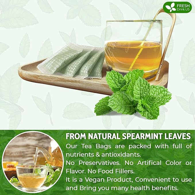 FreshDrinkUS, Premium 45 Spearmint Tea Bags, 100% Natural Spearmint Leaves. Loose Leaf Spearmint Herbal Tea. Spearmint Leaf Tea. No Sugar, No Caffeine, No Gluten, Vegan. - Bloomnest