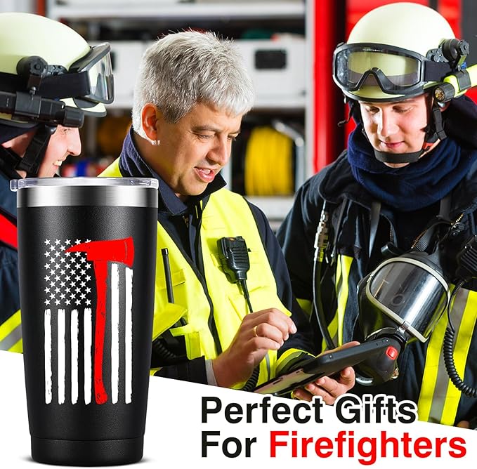 Thin Red Line Firefighter Gifts for Men, Fireman, Fire Fighter Department Team Essentials Coffee Mug Cup - 20oz Insulated Stainless Steel Tumbler, Black - Bloomnest