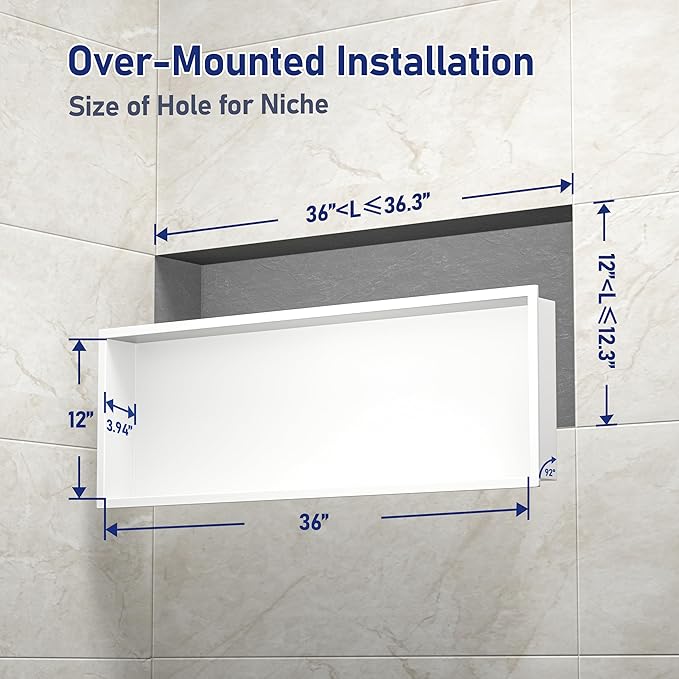Stainless Steel Shower Niche 36" X 12" White No Tile Needed Niche Shower Recessed Wall Niches for Bathroom Storage Over Mount Installation - Bloomnest