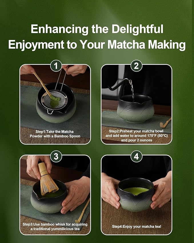ZENS Matcha Whisk Set, 7pcs Matcha Kit Set with Ceramic Bowl and Matcha Cup, Bamboo Whisk & (Chasen Holder) Sifter, Scoop -Tea Towel, Japanese Chawan for Matcha-Making, Sage Green - Bloomnest