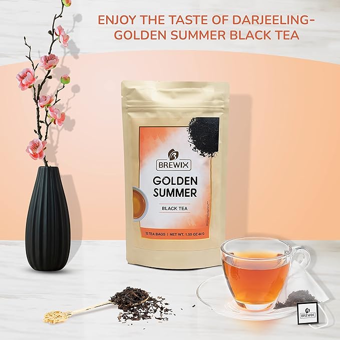 BREWIX, Darjeeling Golden Summer Tea From Himalayas (22 Pyramid Tea Bags) | High Grown in the Himalayas | Long Leaf Tea, Packed in Resealable Ziplock Pouch - Bloomnest