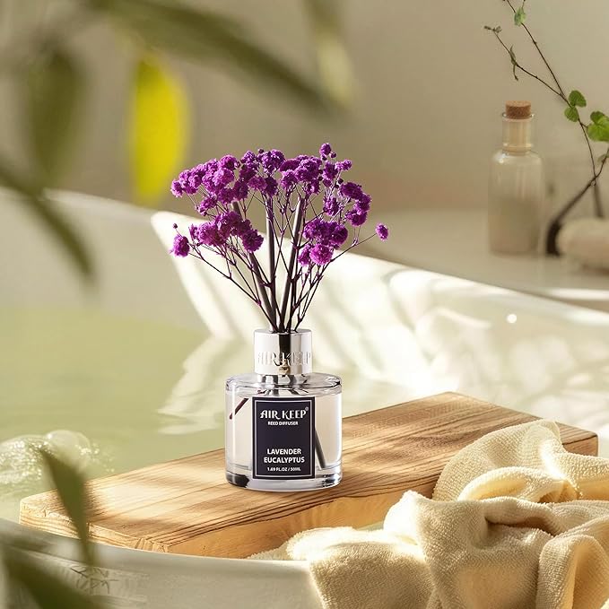 Airkeep Reed Diffuser Set,1.69 fl oz (50 ml) - Lavender Eucalyptus Oil Diffusers with 8 Reed Sticks,Home Fragrance Reed Diffuser for Bathroom Shelf Decor - Bloomnest