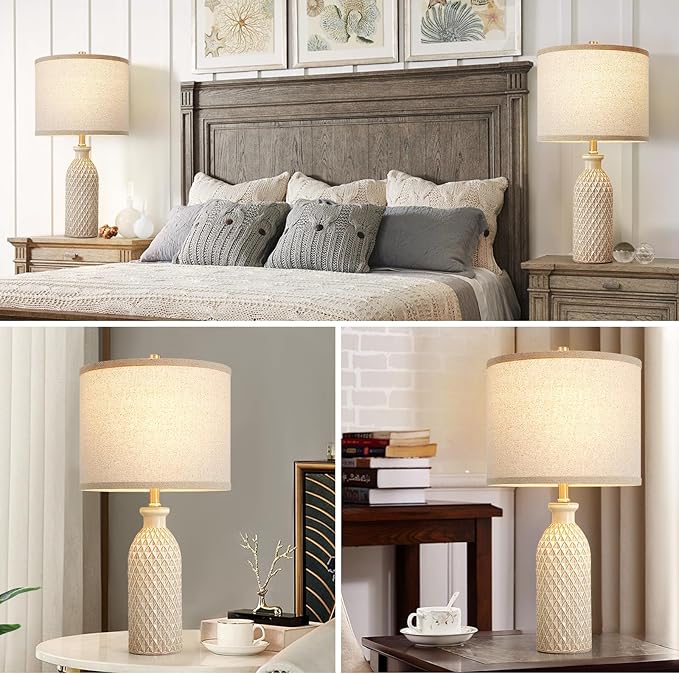 Luvkczc Ceramic Table Lamps Set of 2, Farmhouse 24.8" Bedside Lamps with 3-Color Temperature, Modern Nightstand Lamp Desk Reading Lamp for Bedroom, Living Room, Office, 2 Bulbs Included - Bloomnest