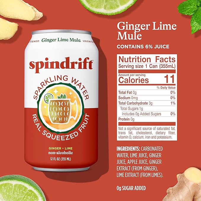 Spindrift Sparkling Water, Ginger Lime Mule Flavored, Made with Real Squeezed Fruit, 12 Fl Oz Cans, Pack of 24 (Only 11 Calories per Can) - Bloomnest