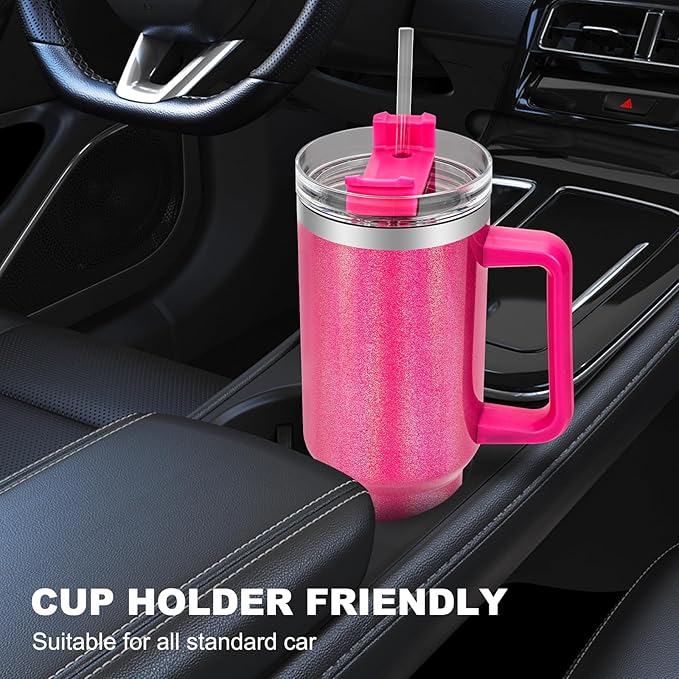 40 oz Tumbler with Handle and Flip Straw Lid, Vacuum Insulated Leak Proof Double Walled Stainless Steel Glitter Travel Mug Tumblers, Maintains Cold Ice and Heat for Hours(Hot Pink) - Bloomnest