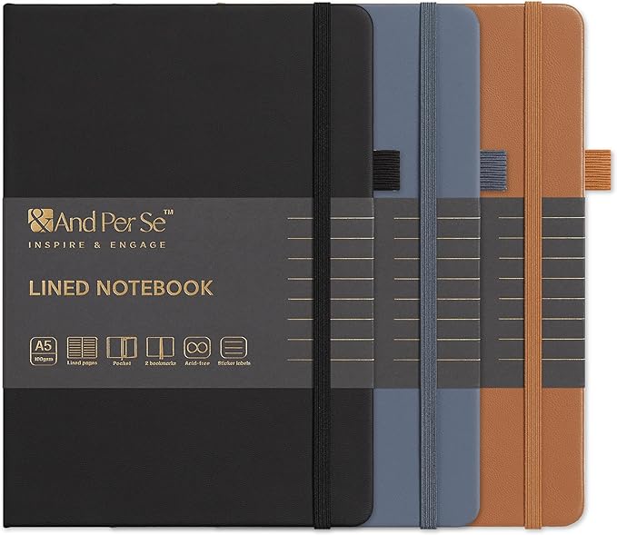 &And Per Se Lined Journal Notebook (3 Packs), 160 Pages 100GSM Thick Paper, A5 Hardcover College Ruled Journals for Writing, 5.7'' x 8'' (Brown, Blue & Black)
