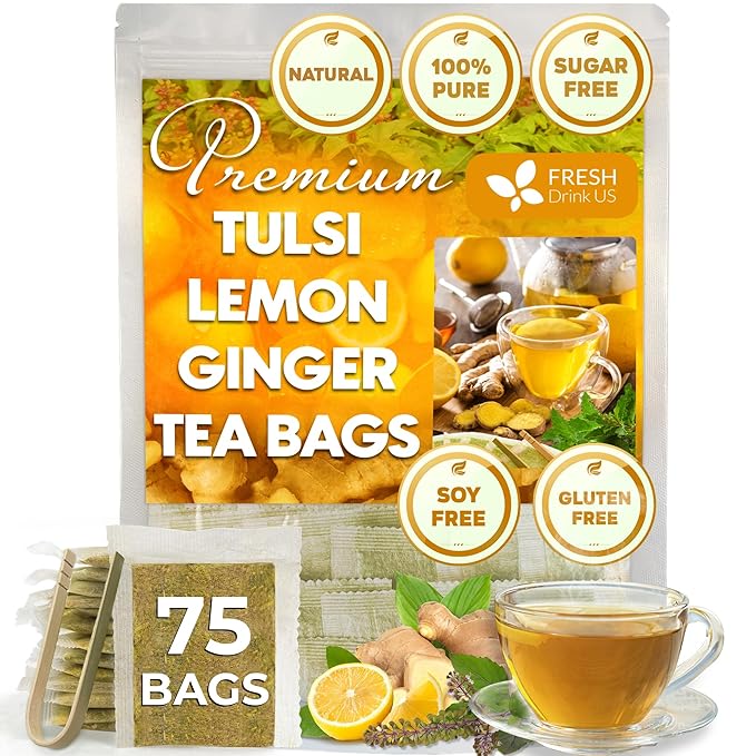 FreshDrinkUS, Premium 75 Tulsi Lemon Ginger Tea Bags, 100% Natural & Pure from Tulsi Holy Basil Leaves, Lemon and Ginger. Made with Natural Material Tea Bags. No Sugar, No Caffeine, Vegan. - Bloomnest