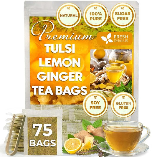 FreshDrinkUS, Premium 75 Tulsi Lemon Ginger Tea Bags, 100% Natural & Pure from Tulsi Holy Basil Leaves, Lemon and Ginger. Made with Natural Material Tea Bags. No Sugar, No Caffeine, Vegan. - Bloomnest