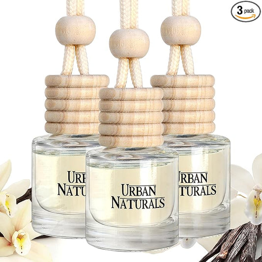 Urban Naturals Car Air Freshener Diffuser 3 Pack - Vanilla Bean Scent, 45+ Days Long Lasting Fragrance, Made in USA, Glass & Wood, Hanging Design + Vent Cip, Easy to Use - Bloomnest
