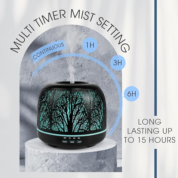ARVIDSSON 500ml Essential Oil Diffuser, Metal Diffusers for Essential Oils, Aromatherapy Diffuser for Large Room, Color Mood Light & Mist Timer Setting, Gift for Women - Black Tree - Bloomnest