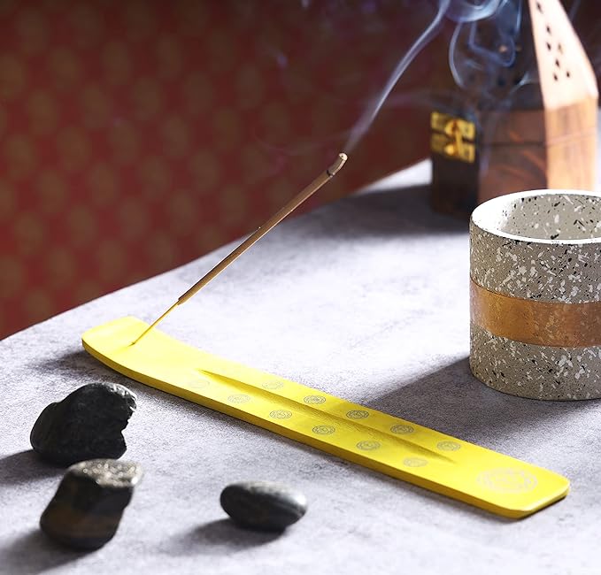 Bless-International Traditional-Handmade-Burner Wooden-Incense-Stick-Holder Ash-Catcher-Stand for-Aromatherapy-Meditation-Yoga (Positivity Yellow) 10 Inches, Pack of 2 - Bloomnest