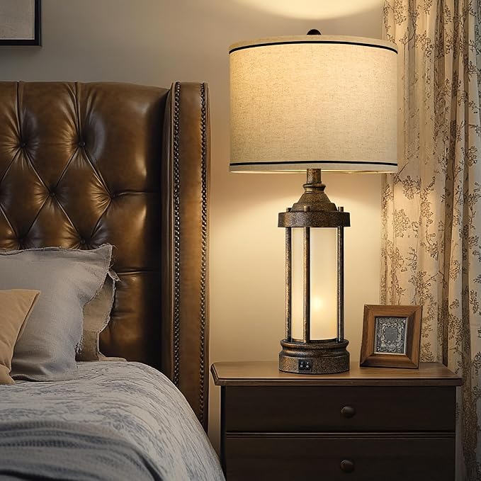 25'' Table Lamps Set of 2 for Living Room Bedroom Farmhouse Metal Lamps with 2 USB Ports, Built-In Frosted Glass Night Light Vintage Industrial Nightstand Bedside Lamp, 4 Bulbs Included, Bronze - Bloomnest