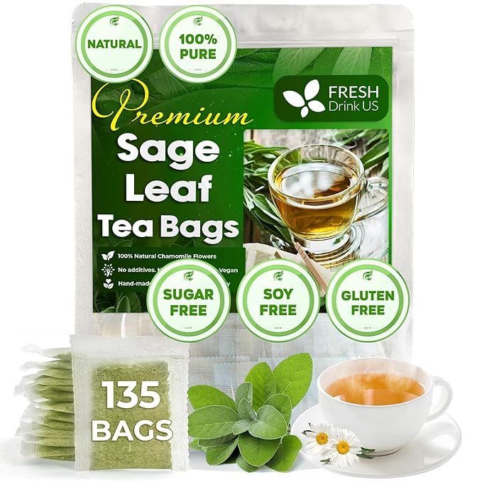 FreshDrinkUS Premium 135 Sage Leaf Tea Bags, 100% Natural & Pure. Loose Leaf Sage Herbal Tea. Made with Natural Material Tea Bags. No Sugar, No Caffeine, No Gluten, Vegan - Bloomnest